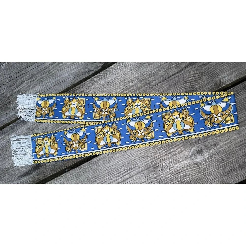 Vintage Oggi Scarf Blue Yellow Floral Geometric Fringe Narrow Rectangular